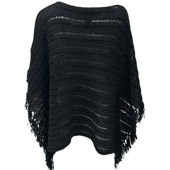 Lauren Ralph Lauren Asymmetrical Black Crochet Knit Tassel Fringe Poncho Shawl - Picture 4 of 10